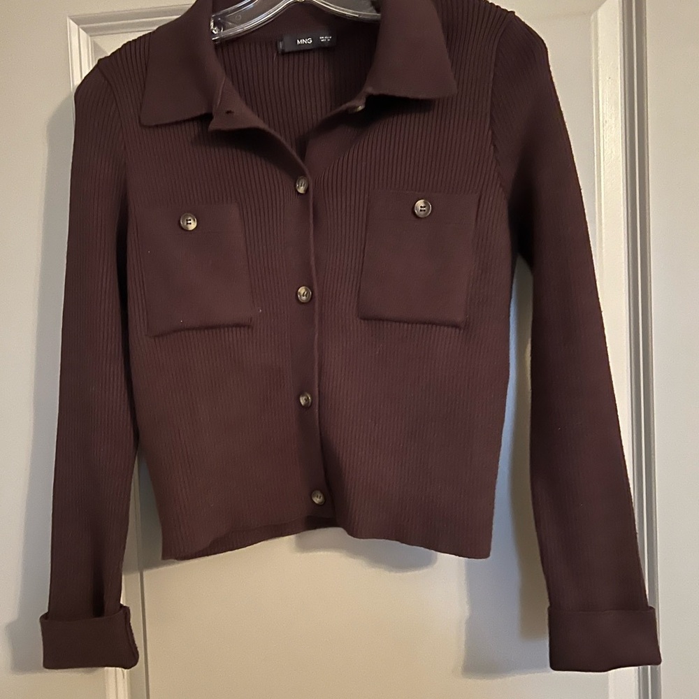 Mango Ribbed Button-Up Cardigan Cropped Size Medium Chocolate Brown